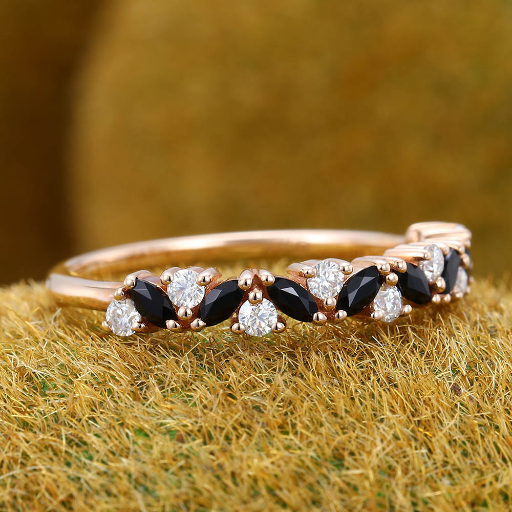 Alternating Marquise Black Onyx & Round Moissanite Wedding Band Anniversary Ring