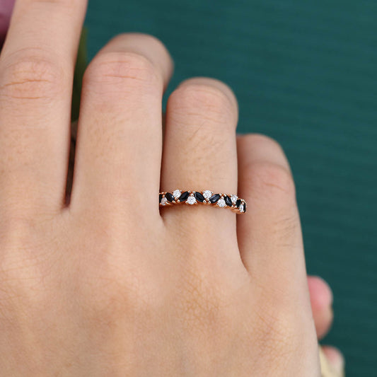 Alternating Marquise Black Onyx & Round Moissanite Wedding Band Anniversary Ring