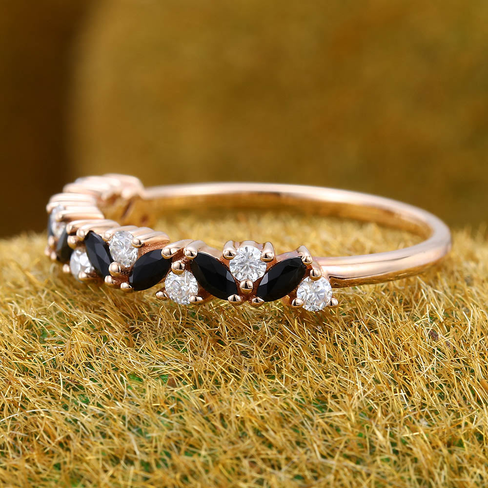 Alternating Marquise Black Onyx & Round Moissanite Wedding Band Anniversary Ring
