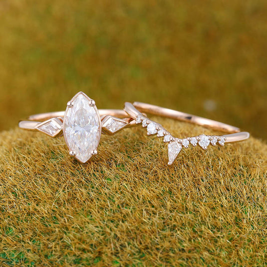 1CT Marquise Cut Moissanite Engagement Ring Set with Petite Moissanite Accents