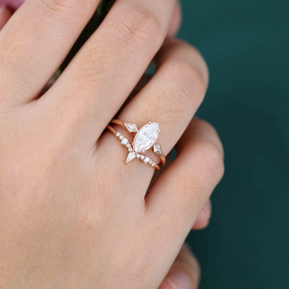 1CT Marquise Cut Moissanite Engagement Ring Set with Petite Moissanite Accents