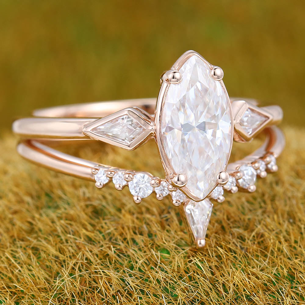 1CT Marquise Cut Moissanite Engagement Ring Set with Petite Moissanite Accents