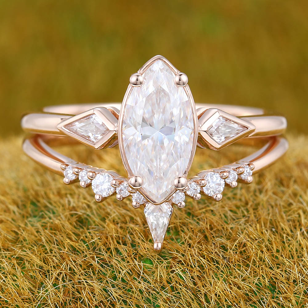 1CT Marquise Cut Moissanite Engagement Ring Set with Petite Moissanite Accents