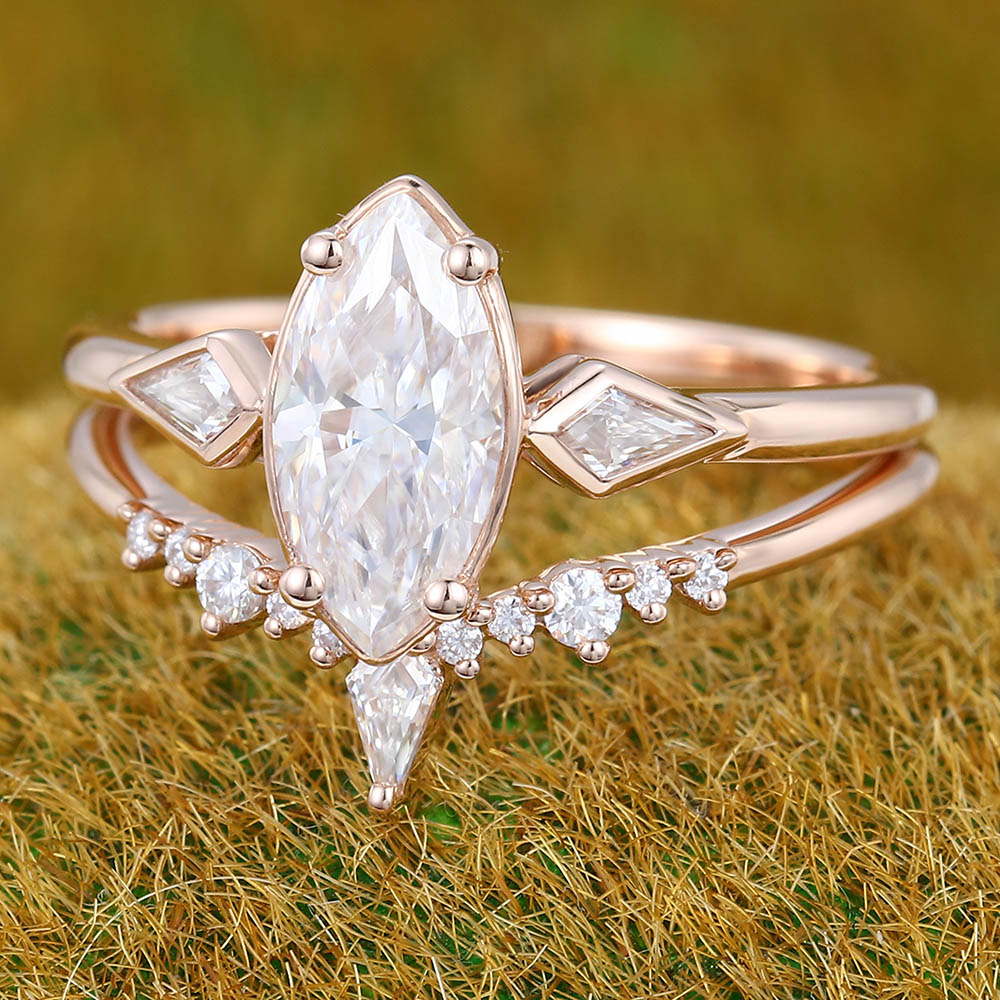 1CT Marquise Cut Moissanite Engagement Ring Set with Petite Moissanite Accents