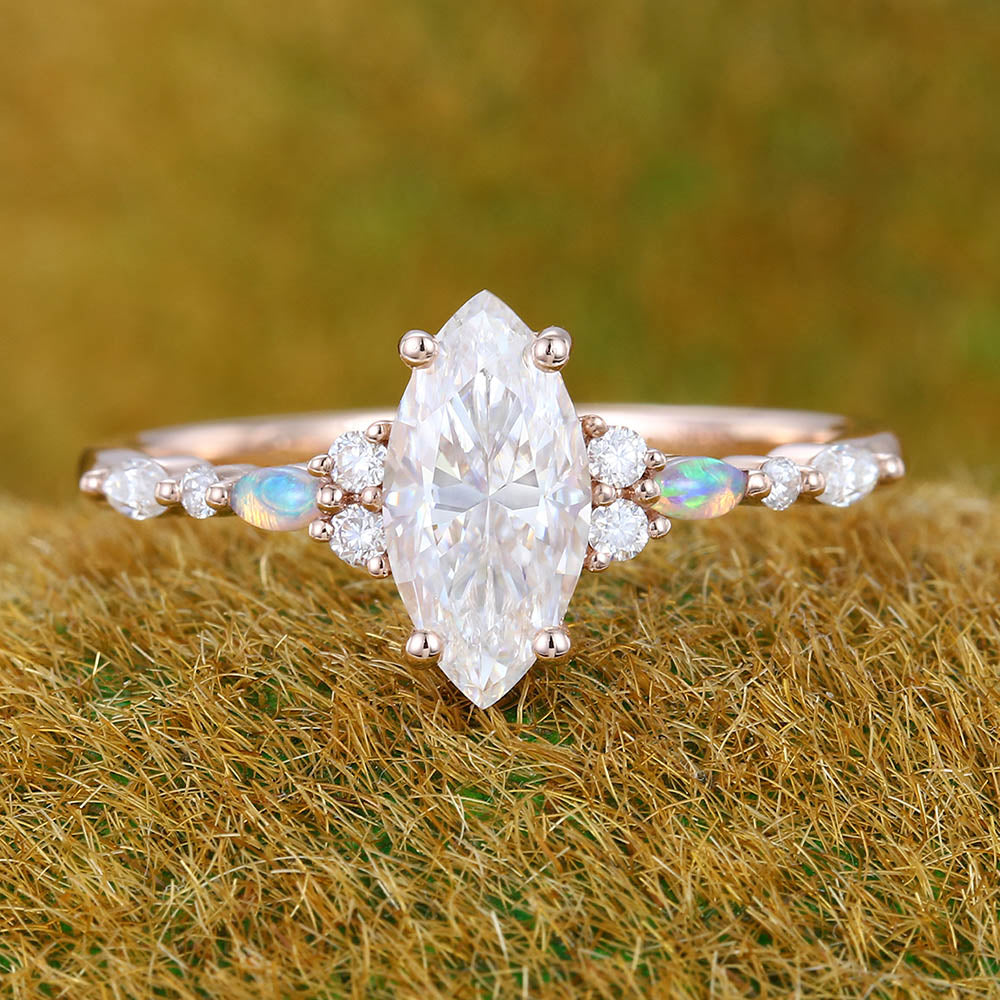 1CT Marquise Cut Moissanite Engagement Ring with Opal & Moissanite Cluster Accents