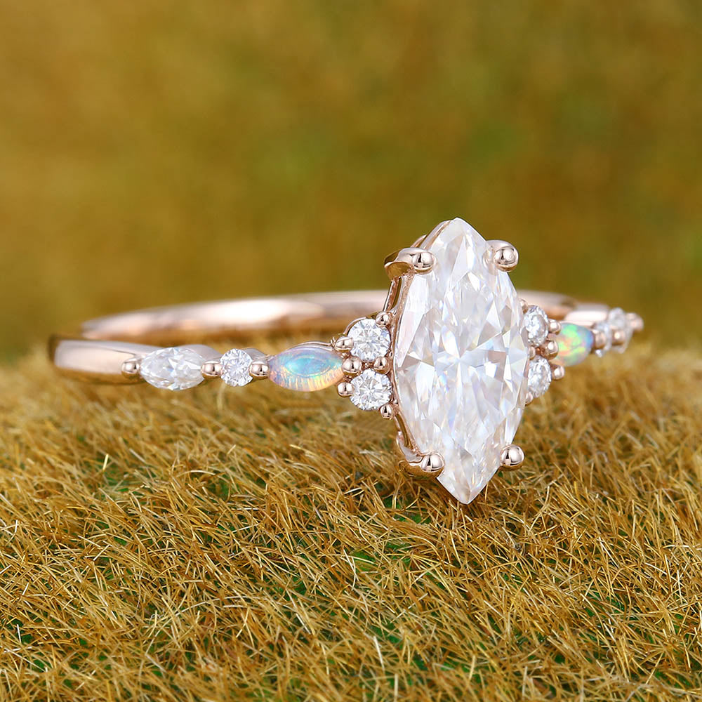 1CT Marquise Cut Moissanite Engagement Ring with Opal & Moissanite Cluster Accents