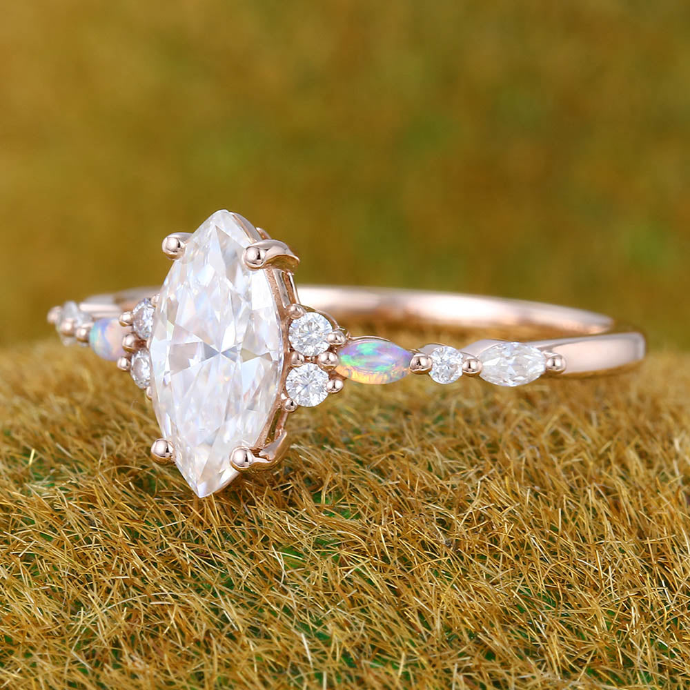 1CT Marquise Cut Moissanite Engagement Ring with Opal & Moissanite Cluster Accents