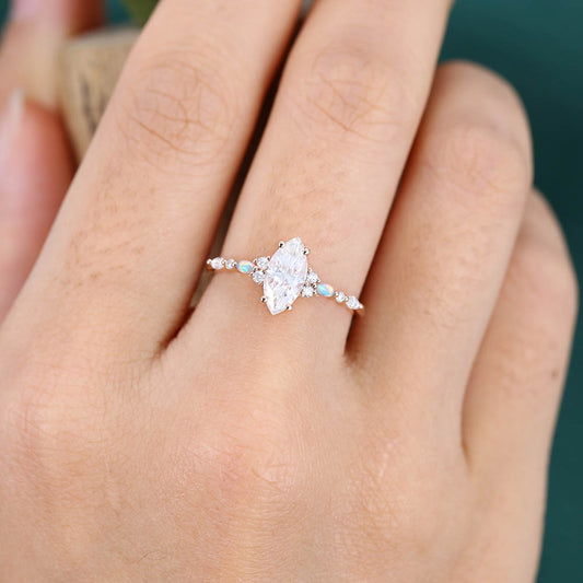 1CT Marquise Cut Moissanite Engagement Ring with Opal & Moissanite Cluster Accents