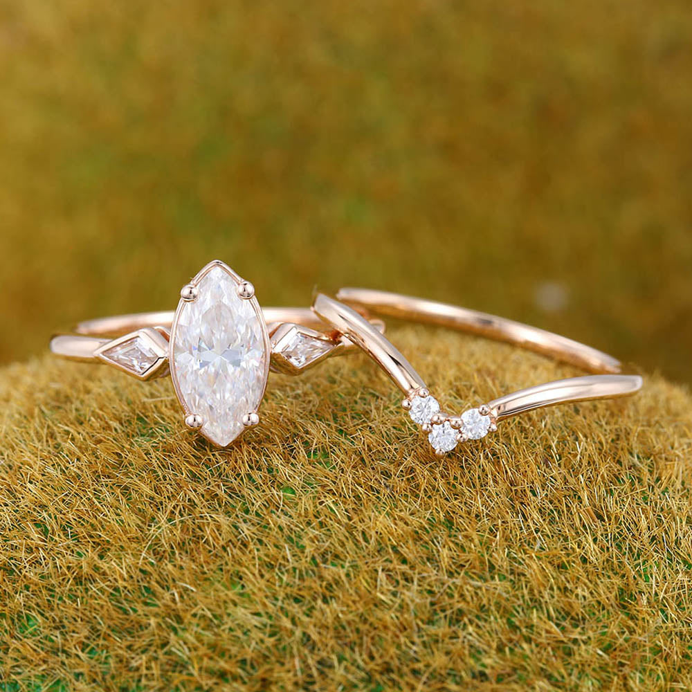 1CT Marquise Cut Moissanite Engagement Ring Set with Kite & Round Accents