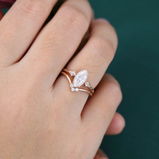 1CT Marquise Cut Moissanite Engagement Ring Set with Kite & Round Accents