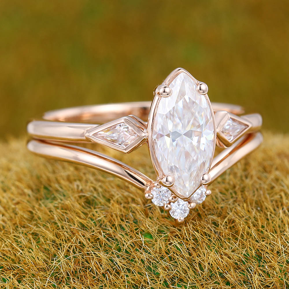 1CT Marquise Cut Moissanite Engagement Ring Set with Kite & Round Accents