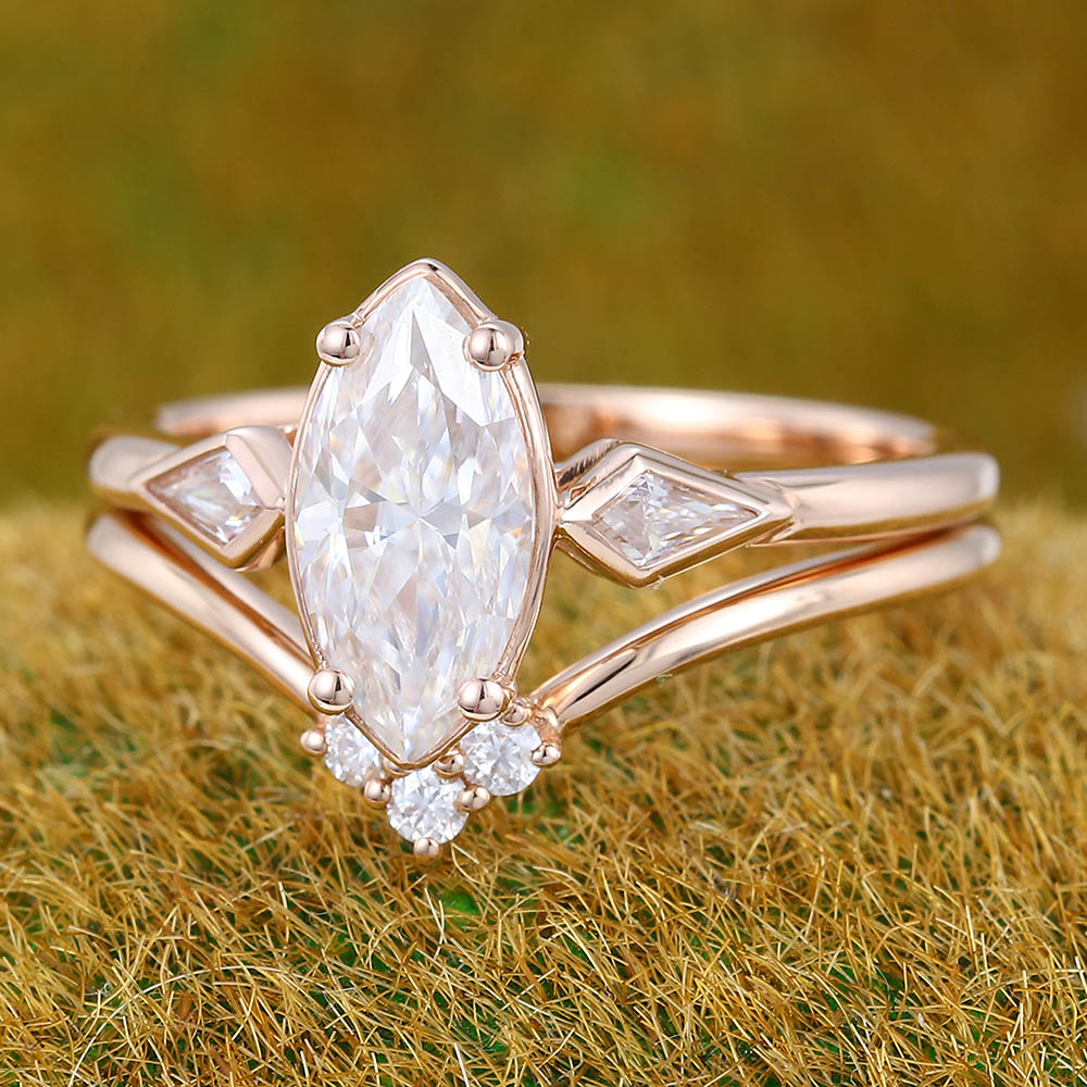 1CT Marquise Cut Moissanite Engagement Ring Set with Kite & Round Accents