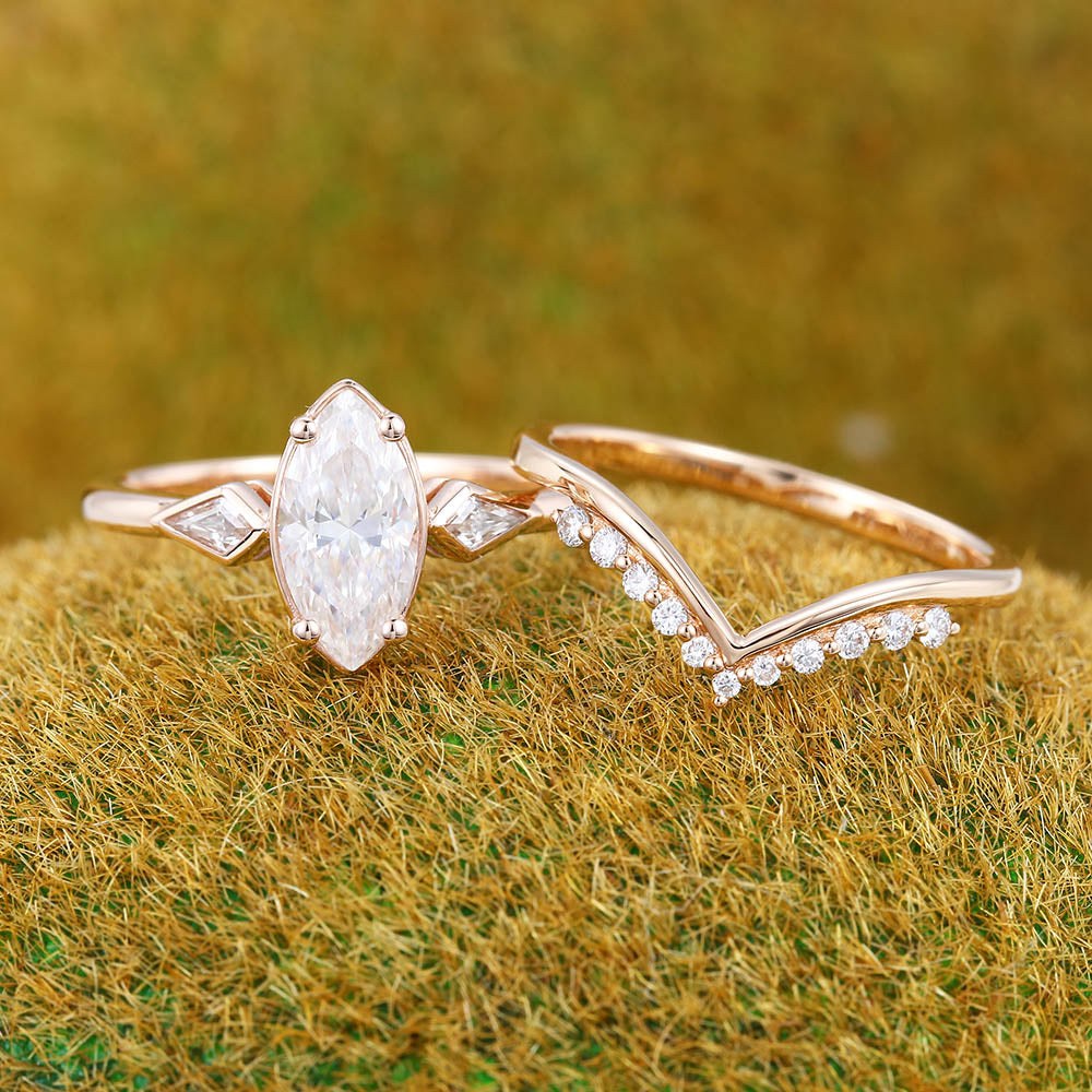 1CT Marquise Cut Moissanite Engagement Ring Set with Petite Round Moissanite Accent Bridal Band