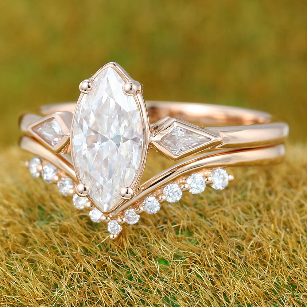 1CT Marquise Cut Moissanite Engagement Ring Set with Petite Round Moissanite Accent Bridal Band