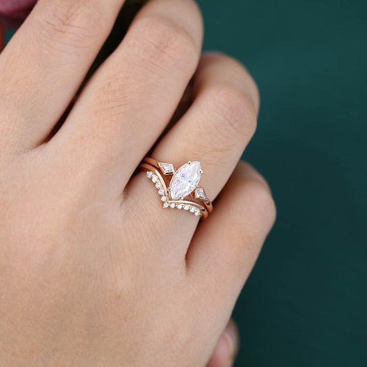 1CT Marquise Cut Moissanite Engagement Ring Set with Petite Round Moissanite Accent Bridal Band