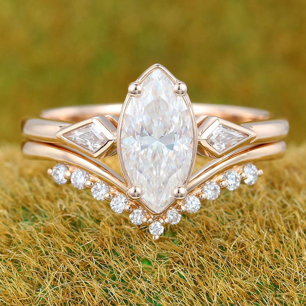 1CT Marquise Cut Moissanite Engagement Ring Set with Petite Round Moissanite Accent Bridal Band