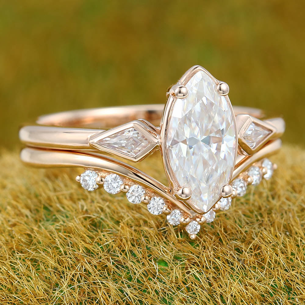 1CT Marquise Cut Moissanite Engagement Ring Set with Petite Round Moissanite Accent Bridal Band
