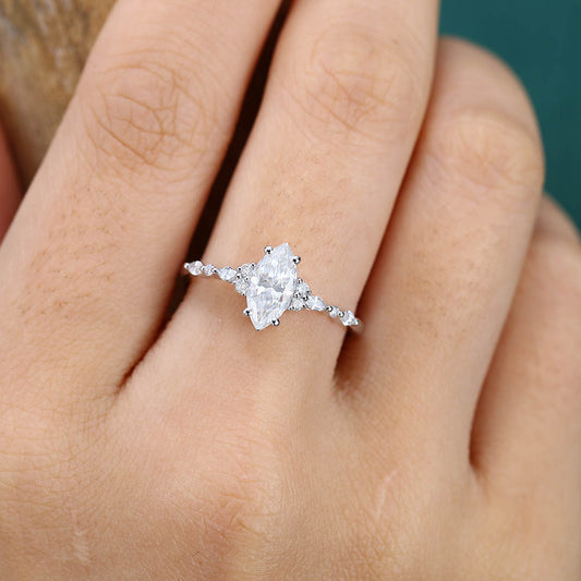 1CT Marquise Cut Moissanite Engagement Ring with Cluster Accent