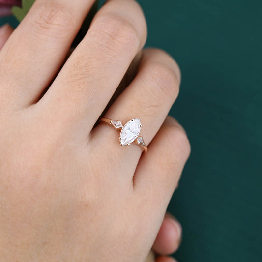 1CT Marquise Cut Moissanite Engagement Ring with Two Bezel Kite Accents