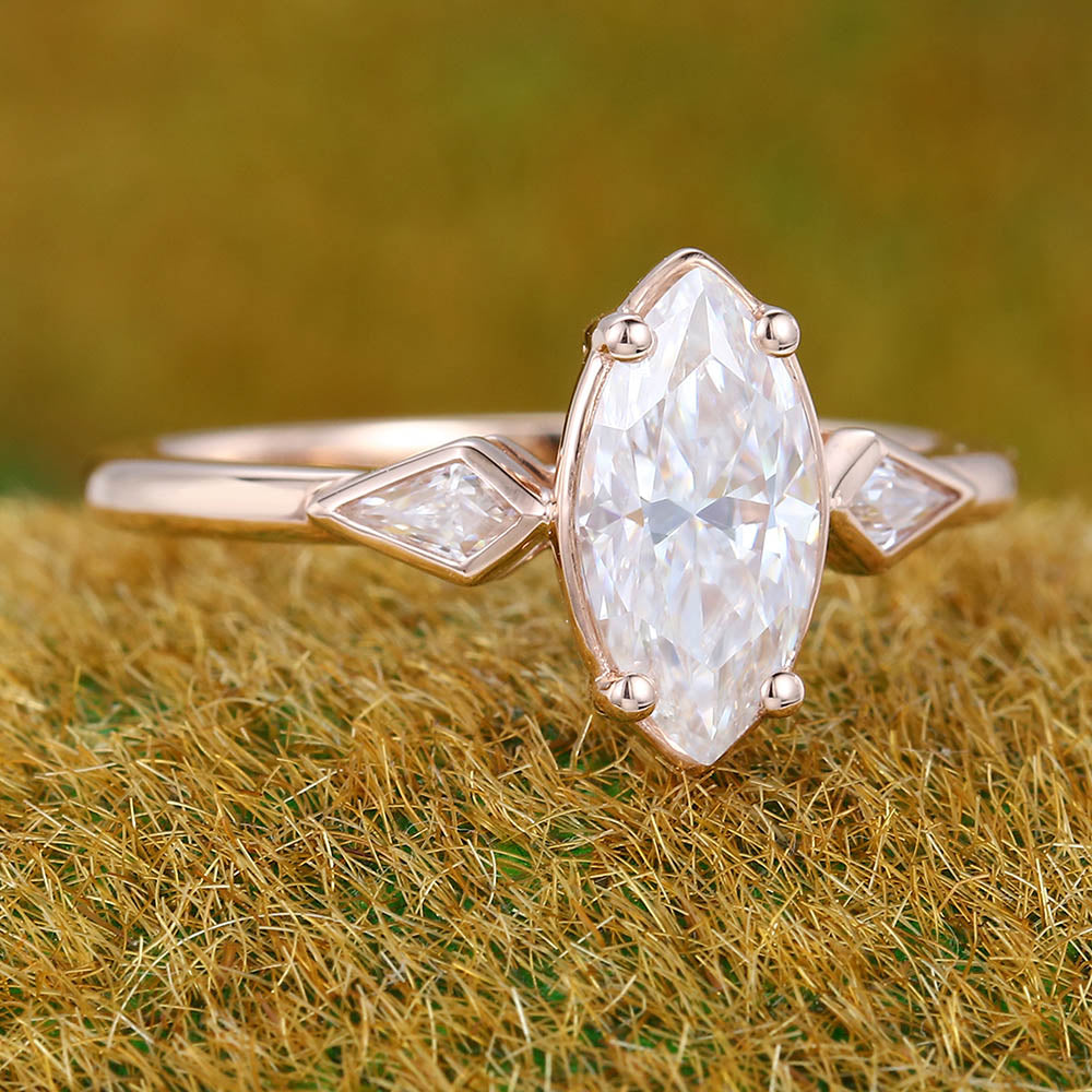 1CT Marquise Cut Moissanite Engagement Ring with Two Bezel Kite Accents