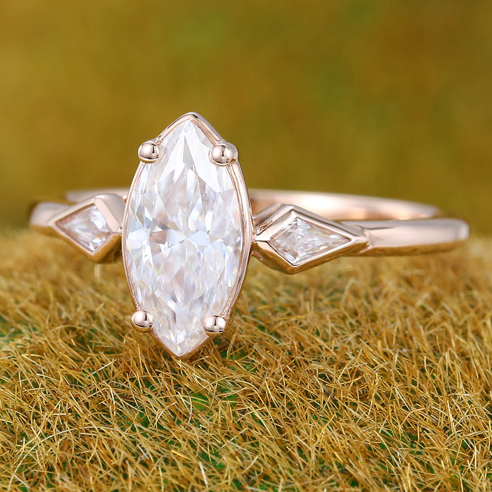 1CT Marquise Cut Moissanite Engagement Ring with Two Bezel Kite Accents