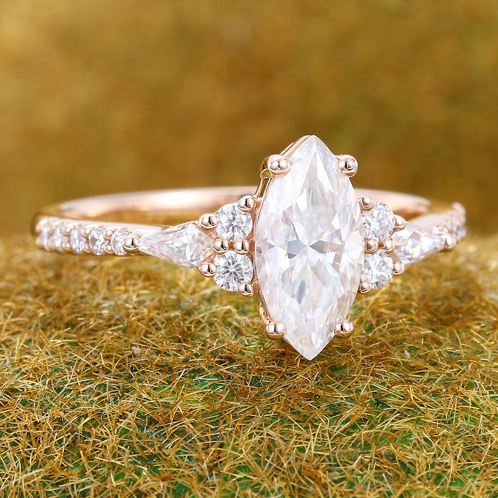 Marquise Cut Moissanite Engagement Ring Art Deco Cluster Accent