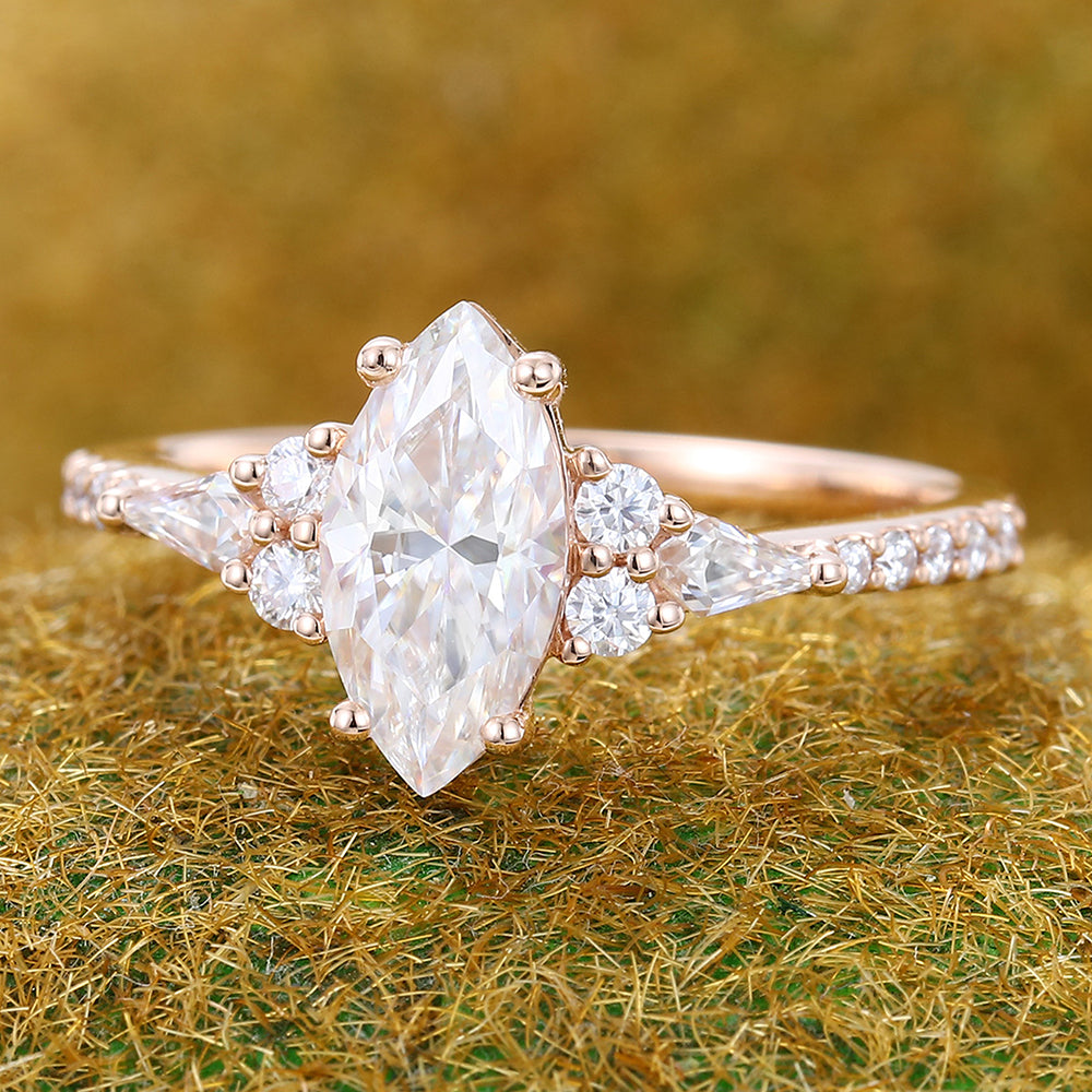 Marquise Cut Moissanite Engagement Ring Art Deco Cluster Accent