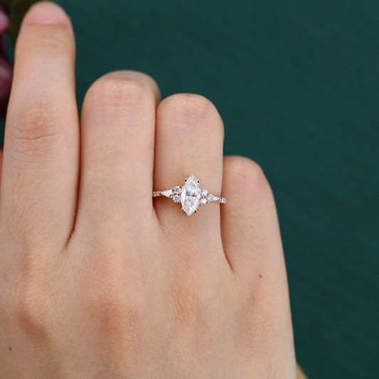 Marquise Cut Moissanite Engagement Ring Art Deco Cluster Accent