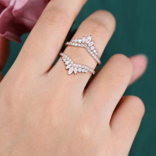 Crown Moissanite Curved Wedding Band Double Band Enhancer Stackable Ring