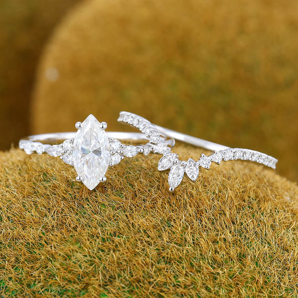 1CT Marquise Cut Moissanite Ring Set with Cluster Accents & Pavé Design