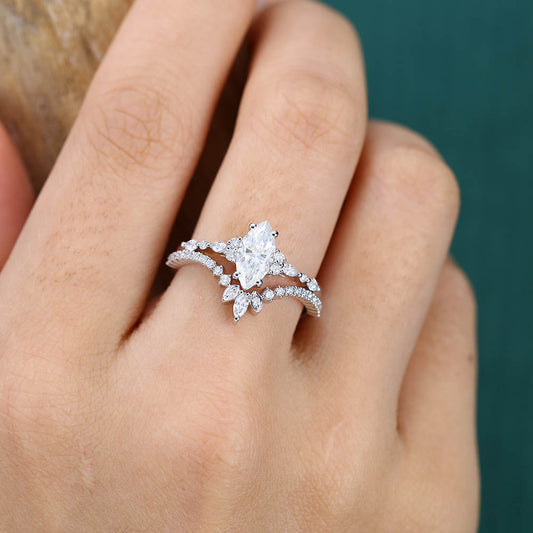 1CT Marquise Cut Moissanite Ring Set with Cluster Accents & Pavé Design