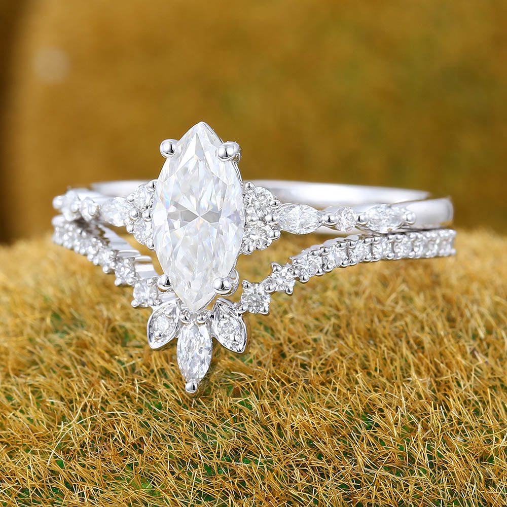 1CT Marquise Cut Moissanite Ring Set with Cluster Accents & Pavé Design