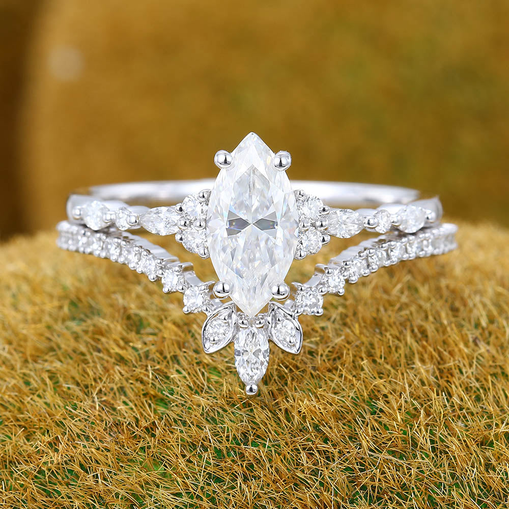 1CT Marquise Cut Moissanite Ring Set with Cluster Accents & Pavé Design