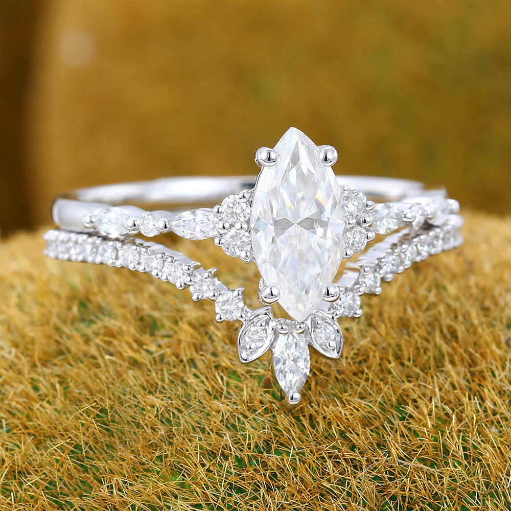 1CT Marquise Cut Moissanite Ring Set with Cluster Accents & Pavé Design