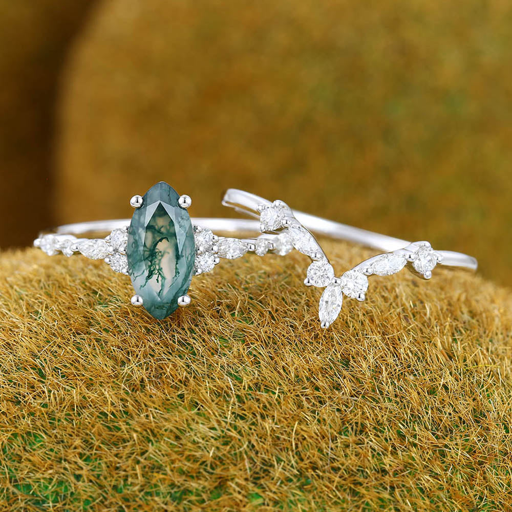 1CT Marquise Cut Moss Agate Engagement Ring Set with Moissanite Cluster Accents