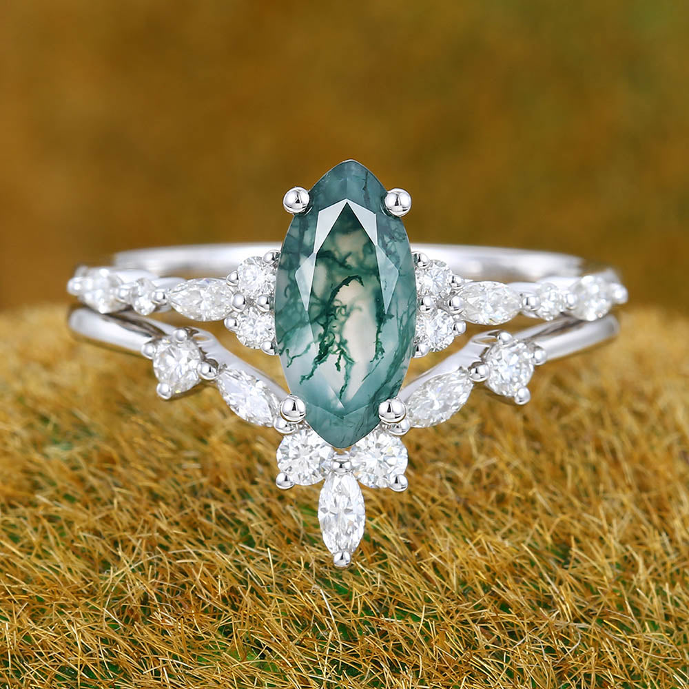 1CT Marquise Cut Moss Agate Engagement Ring Set with Moissanite Cluster Accents