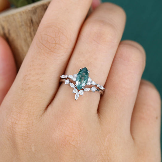 1CT Marquise Cut Moss Agate Engagement Ring Set with Moissanite Cluster Accents