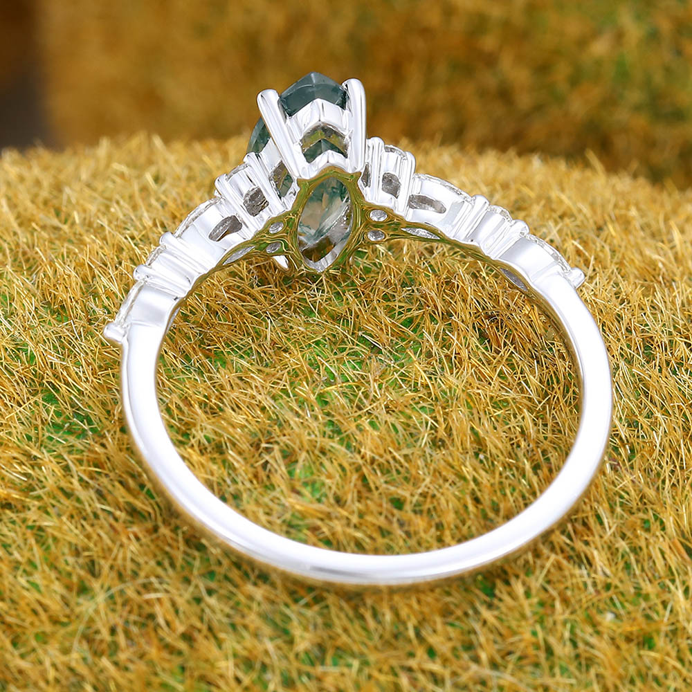 1CT Marquise Cut Moss Agate Engagement Ring with Moissanite Cluster Accents