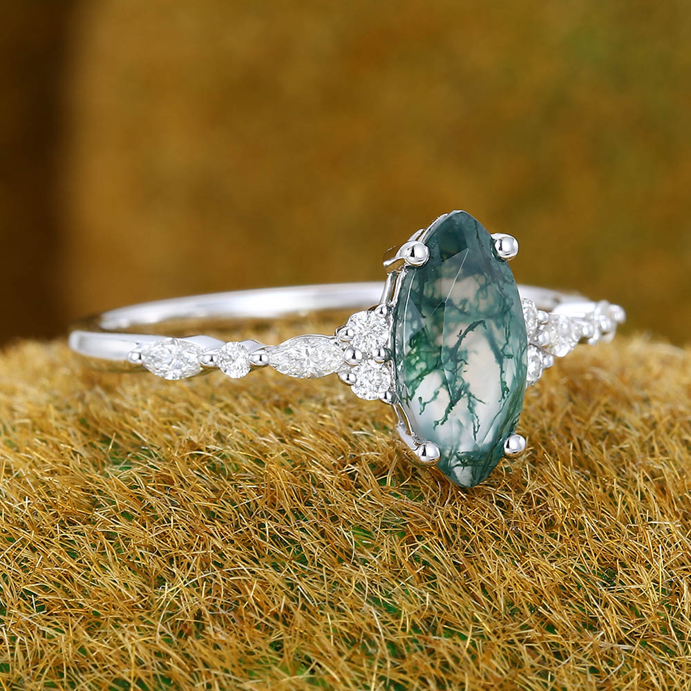 1CT Marquise Cut Moss Agate Engagement Ring with Moissanite Cluster Accents