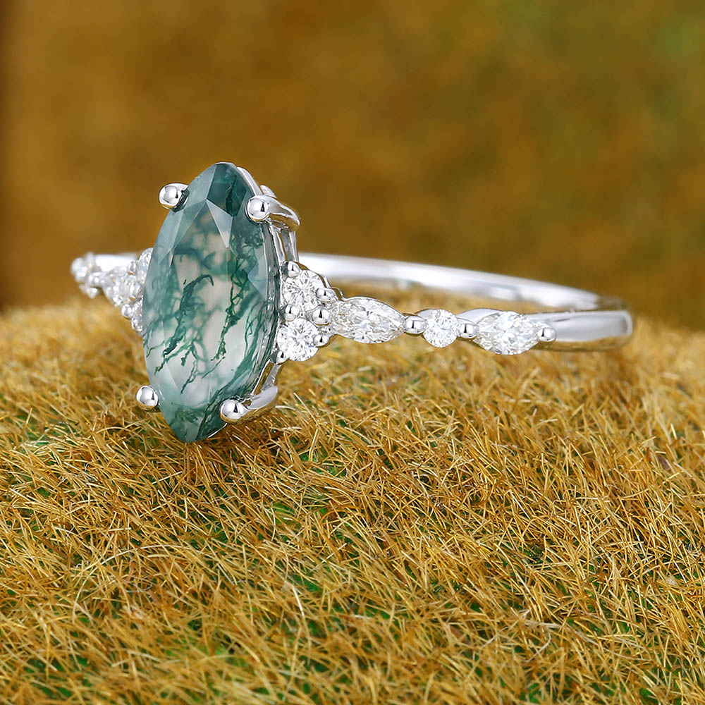 1CT Marquise Cut Moss Agate Engagement Ring with Moissanite Cluster Accents