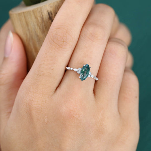 1CT Marquise Cut Moss Agate Engagement Ring with Moissanite Cluster Accents