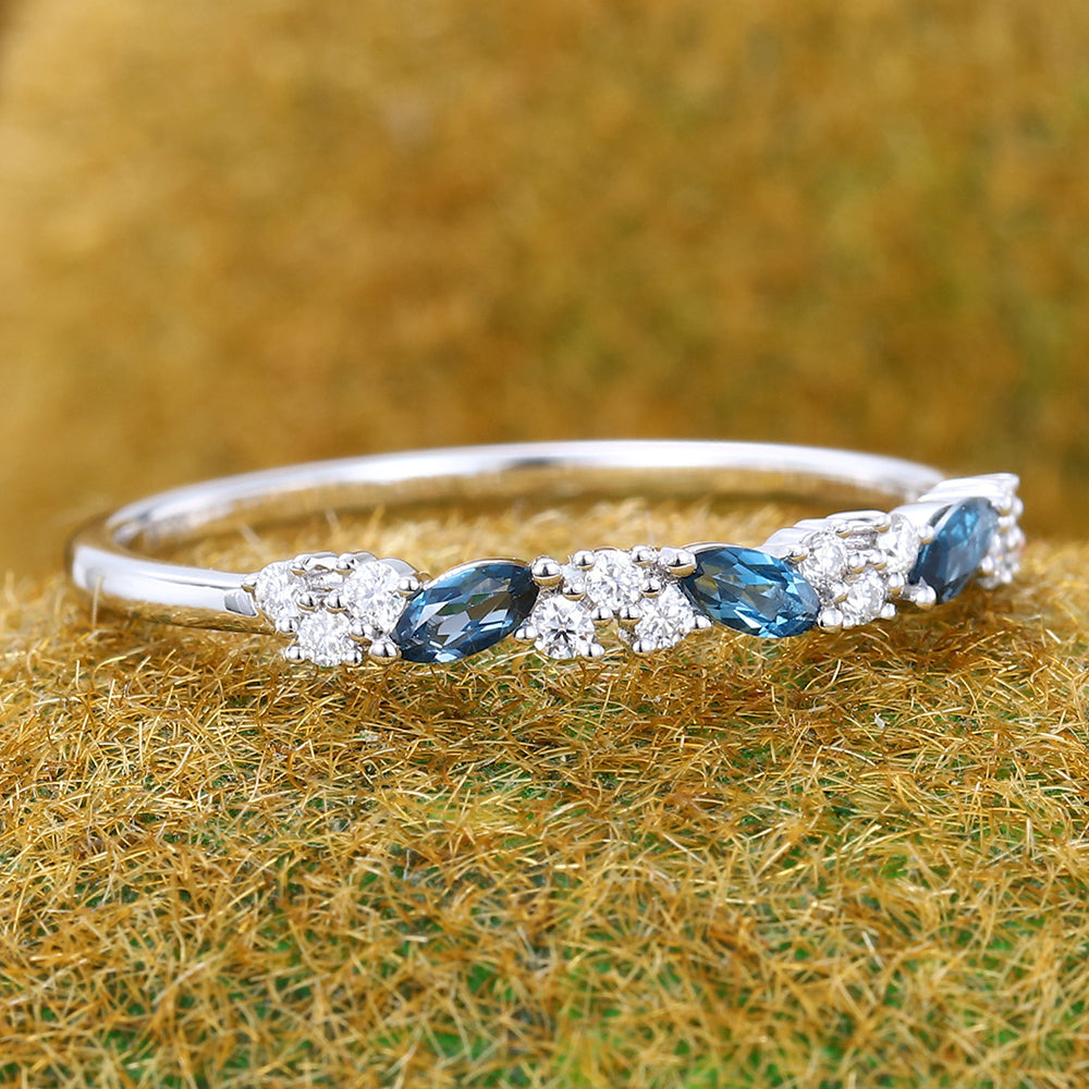 Marquise London Blue Topaz & Round Moissanite Wedding Band Anniversary Ring