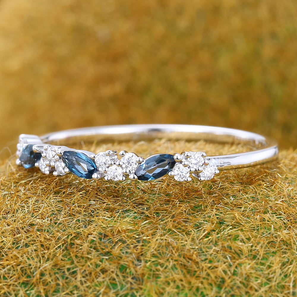 Marquise London Blue Topaz & Round Moissanite Wedding Band Anniversary Ring