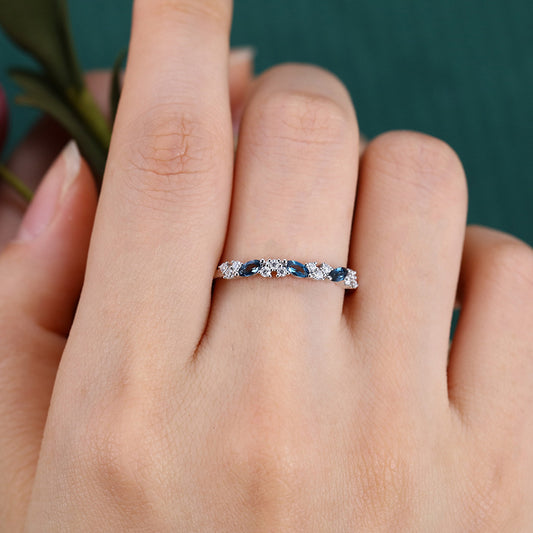 Marquise London Blue Topaz & Round Moissanite Wedding Band Anniversary Ring