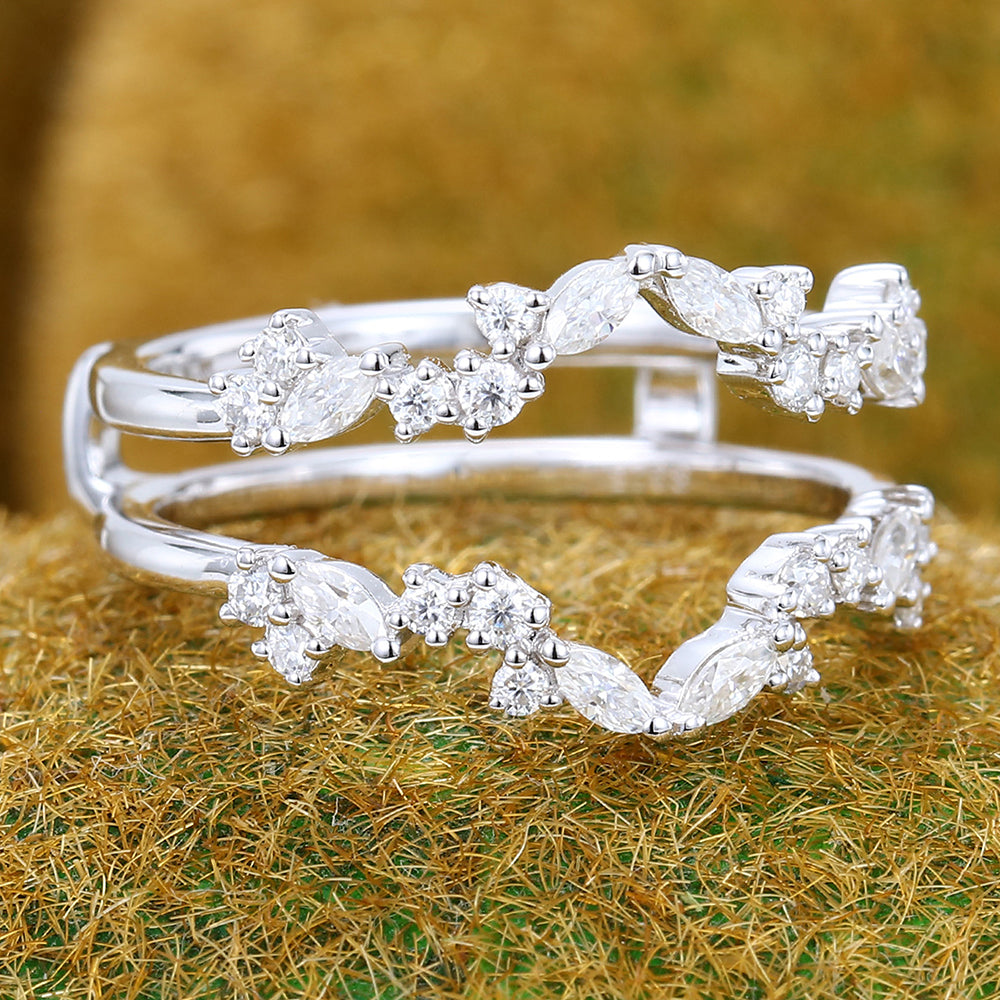 Unique Moissanite Cluster Wedding Band Double Curved Enhancer Ring