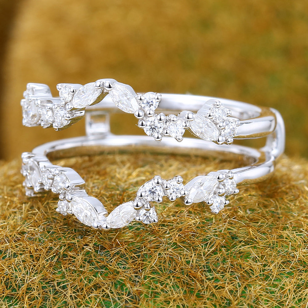 Unique Moissanite Cluster Wedding Band Double Curved Enhancer Ring