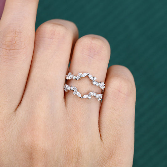 Unique Moissanite Cluster Wedding Band Double Curved Enhancer Ring