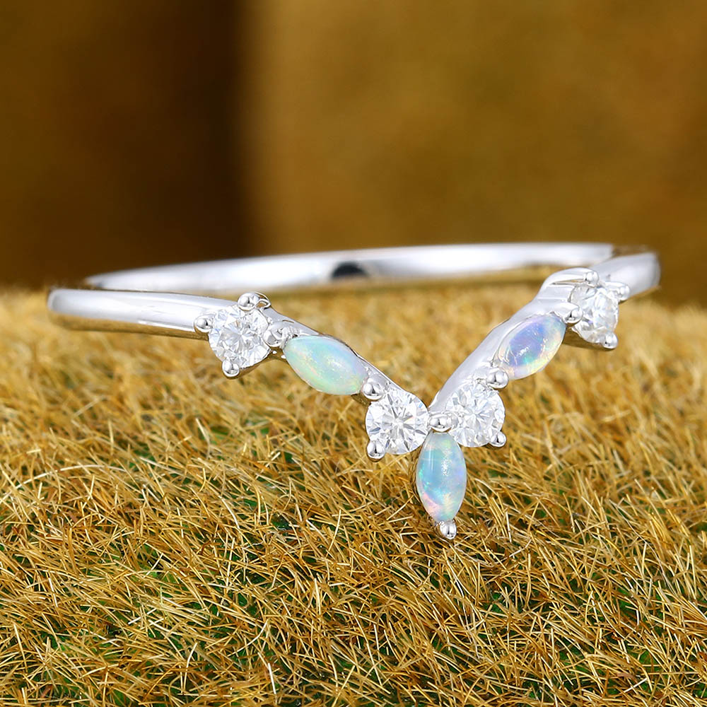 Marquise Moissanite Curved wedding band Vintage Unique white gold art deco wedding band Opal ring Bridal Matching Stacking band Promise ring