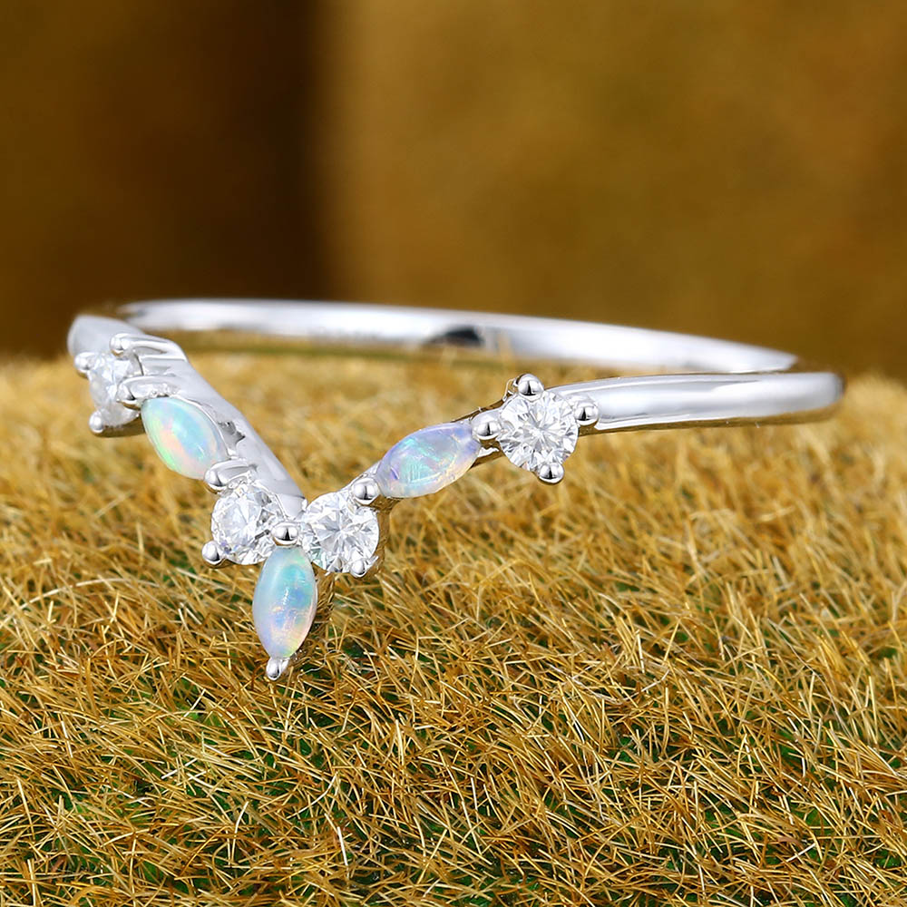 Marquise Moissanite Curved wedding band Vintage Unique white gold art deco wedding band Opal ring Bridal Matching Stacking band Promise ring