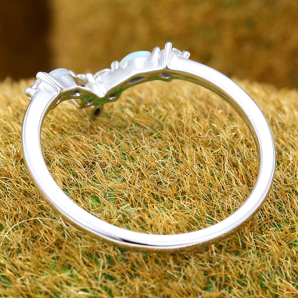 Marquise Moissanite Curved wedding band Vintage Unique white gold art deco wedding band Opal ring Bridal Matching Stacking band Promise ring